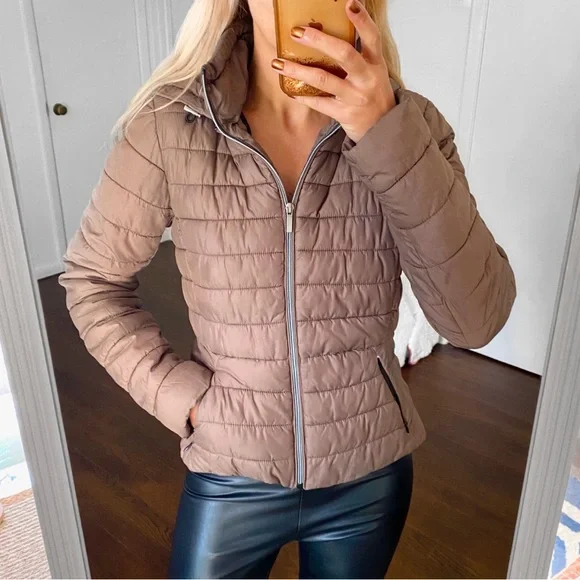 🍂 ZARA TAUPE HOODED PUFFER JACKET! - Picture 1 of 16
